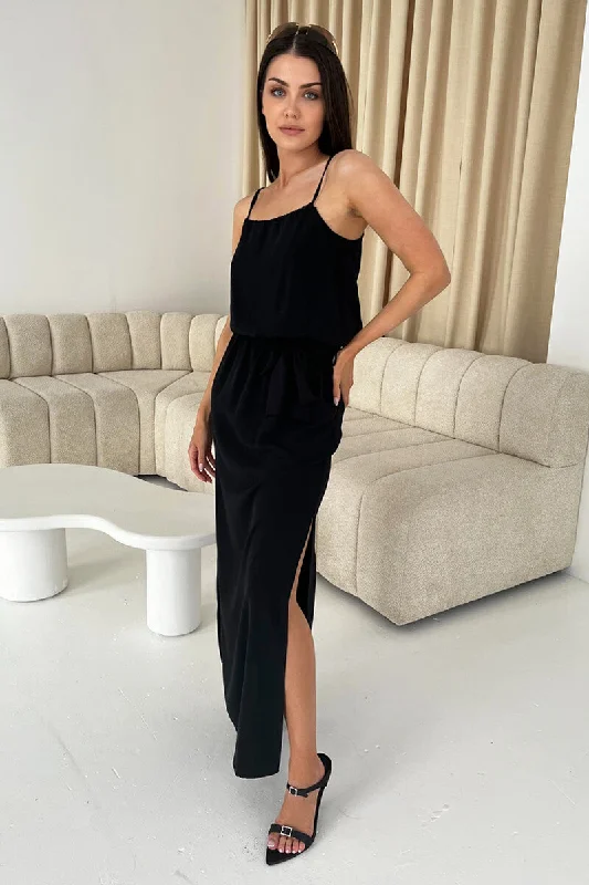 Black Tie Waist Strappy Split Leg Midi Dress