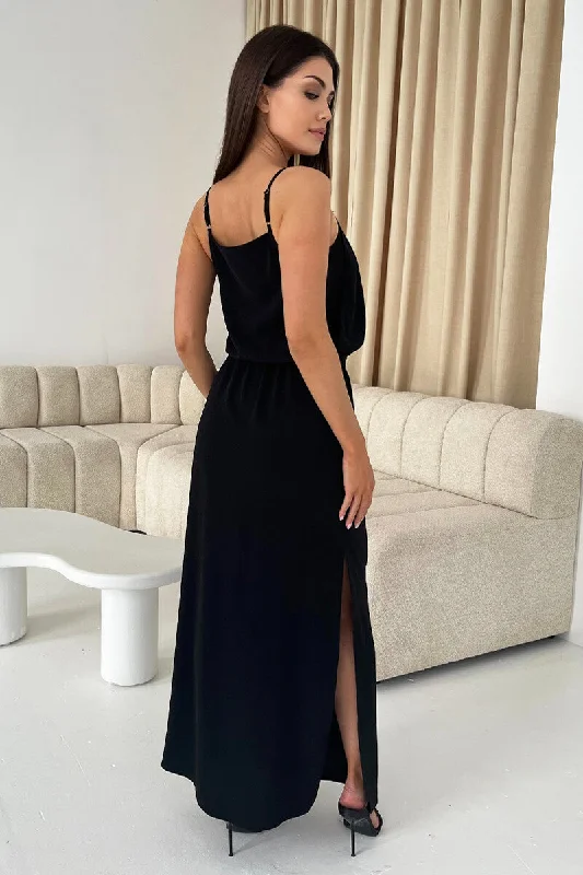 Black Tie Waist Strappy Split Leg Midi Dress