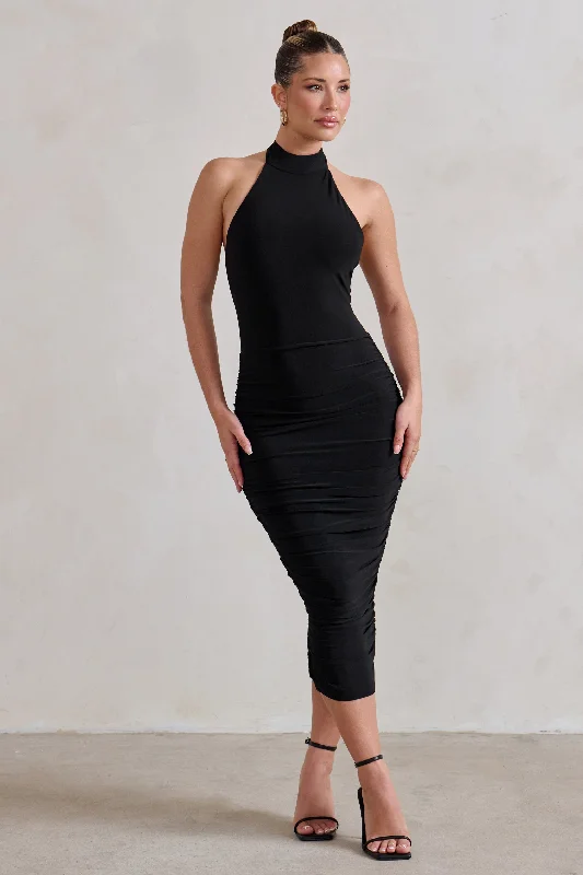 Chrissy | Black Halterneck Ruched Midi Dress