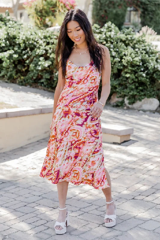 In Full Bloom Abstract Print Cowl Neck Satin Floral Midi Dress   FINAL SALE