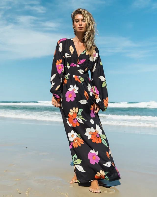 Night Bloom Long Sleeve Maxi Dress - Black Pebble