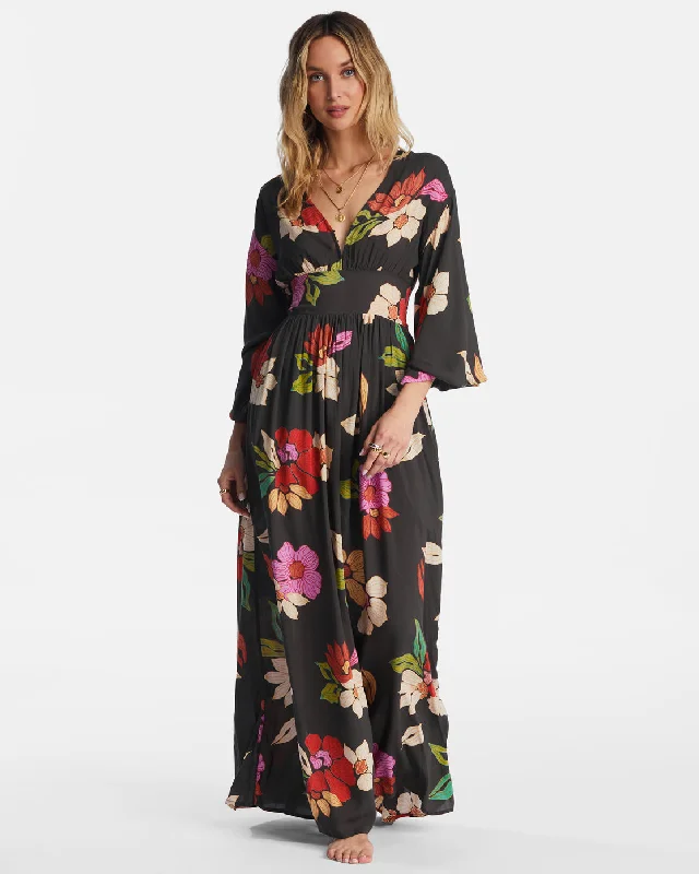 Night Bloom Long Sleeve Maxi Dress - Black Pebble