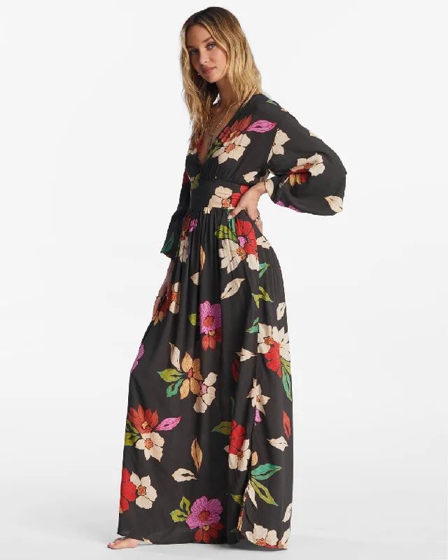 Night Bloom Long Sleeve Maxi Dress - Black Pebble