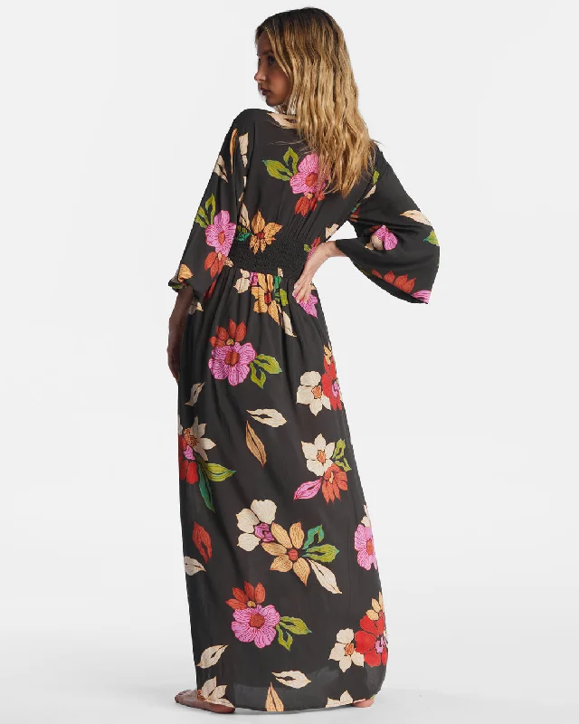 Night Bloom Long Sleeve Maxi Dress - Black Pebble