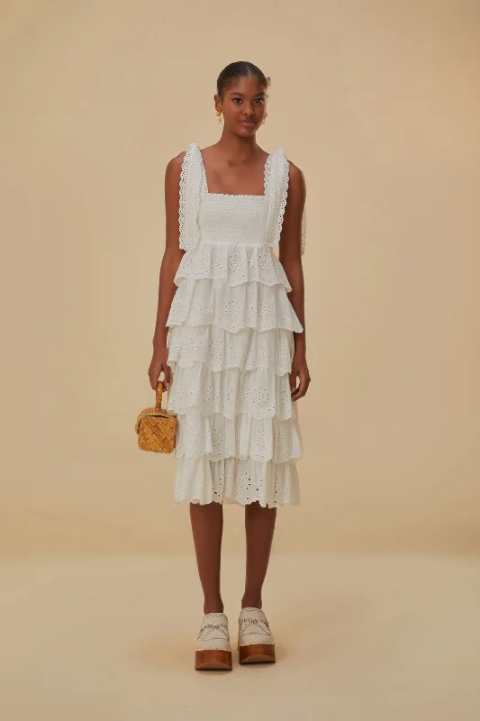 Off-White Embroidered Ruffle Midi Dress