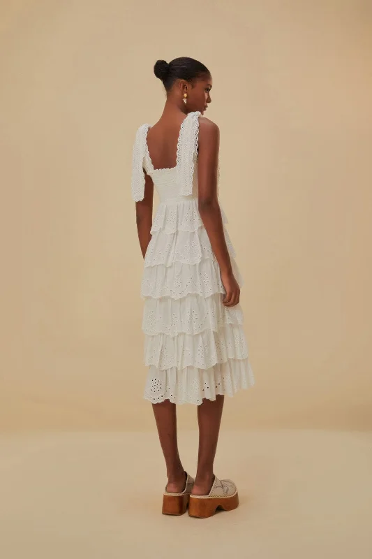 Off-White Embroidered Ruffle Midi Dress