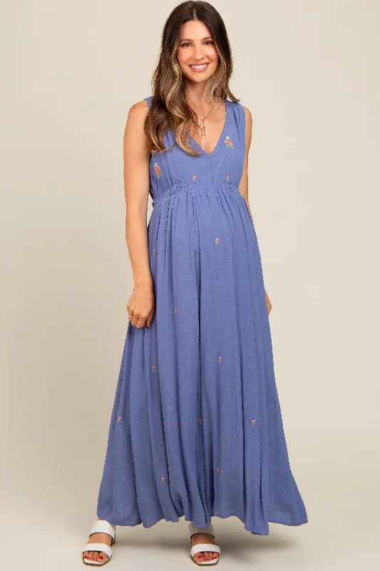 Perwinkle Floral Embroidered Sleeveless Maternity Maxi Dress