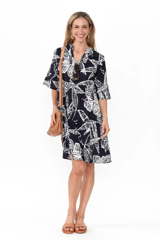 Senna Navy Tropical Cotton Dress