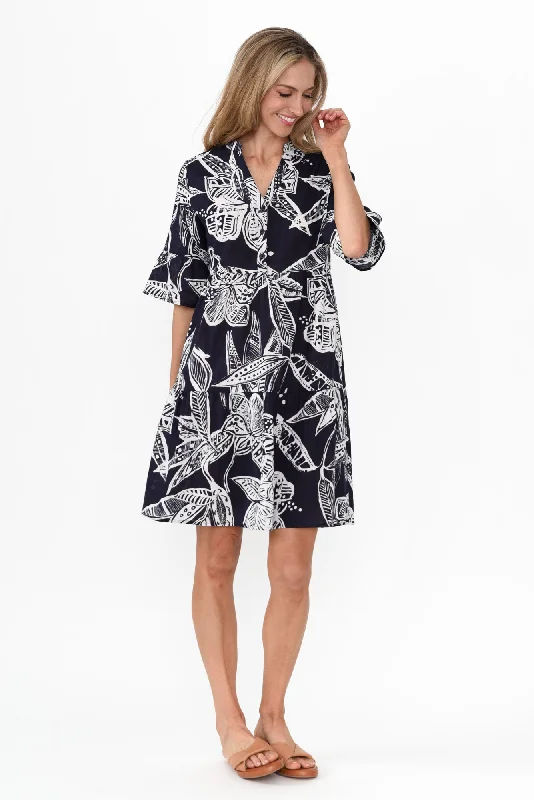 Senna Navy Tropical Cotton Dress