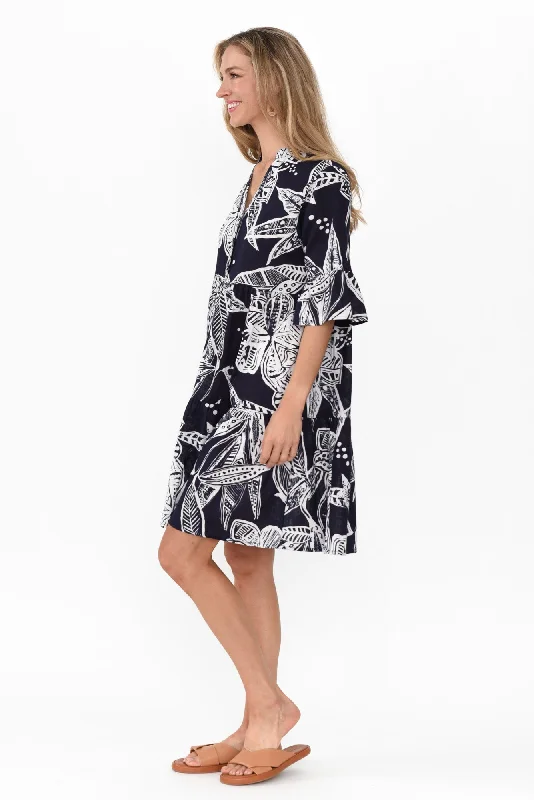 Senna Navy Tropical Cotton Dress