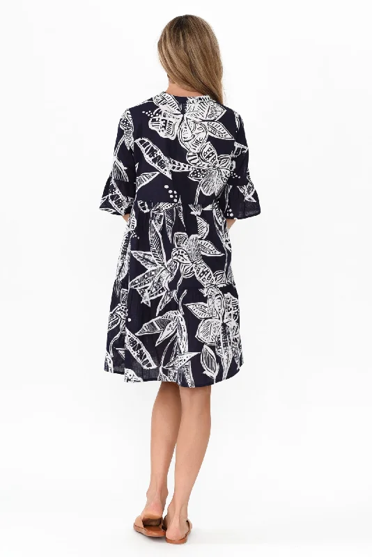 Senna Navy Tropical Cotton Dress