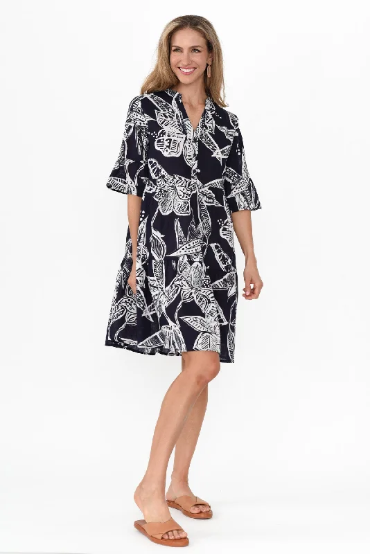 Senna Navy Tropical Cotton Dress