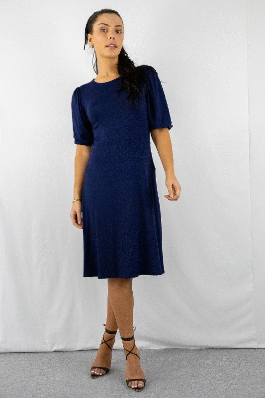 Signage Navy Round Neck Puff Sleeve Midi Dress