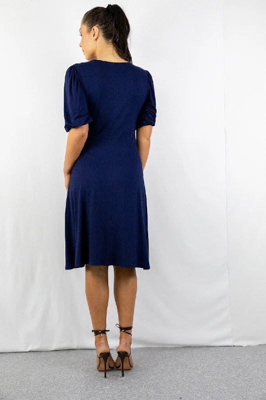 Signage Navy Round Neck Puff Sleeve Midi Dress