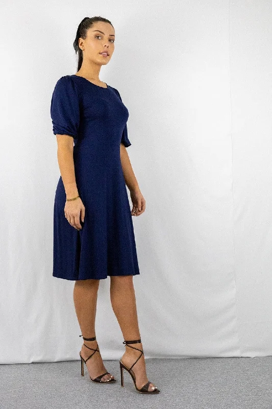 Signage Navy Round Neck Puff Sleeve Midi Dress