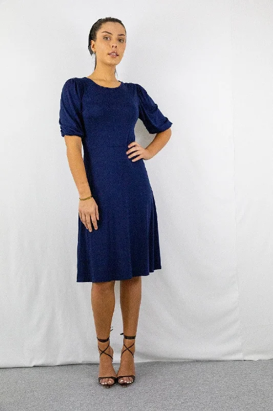 Signage Navy Round Neck Puff Sleeve Midi Dress