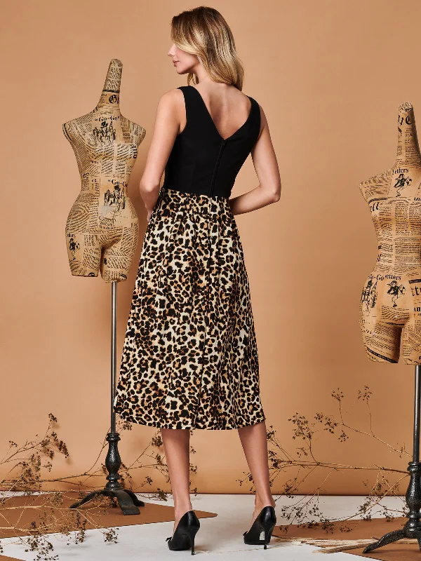 Two Tone Contrast Print Midi Dress, Animal Multi