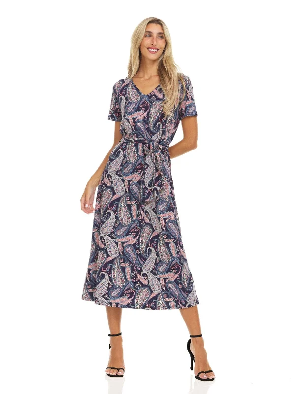 Women's Printed Belted Midi Dress