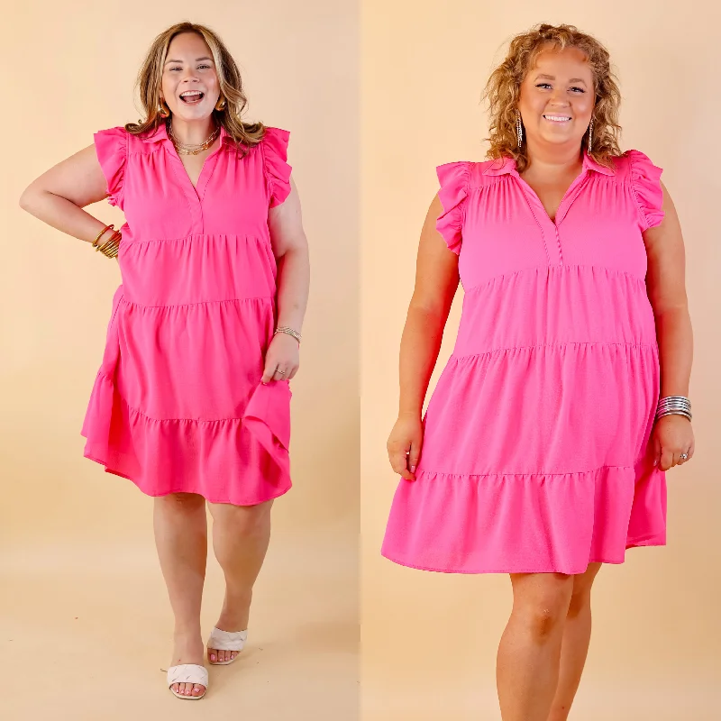 Last Chance Size Medium, XL & 1XL | All Of A Sudden Ruffle Cap Sleeve Short Dress in Hot Pink