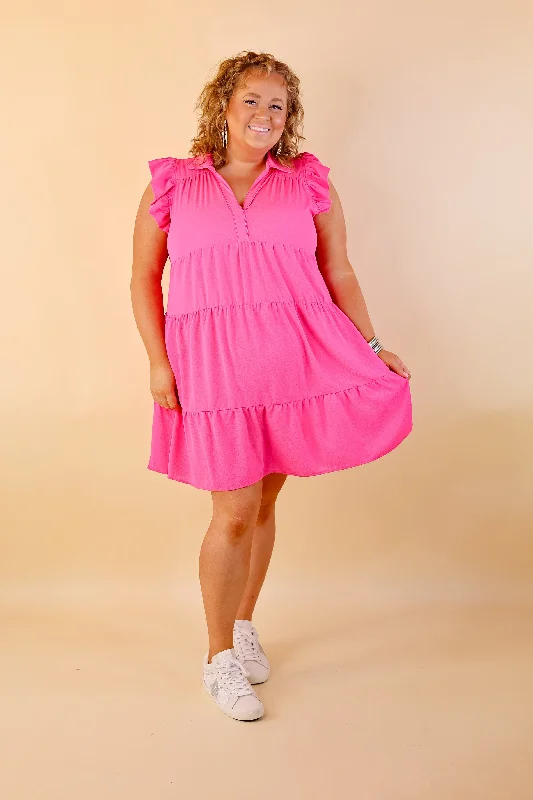 Last Chance Size Medium, XL & 1XL | All Of A Sudden Ruffle Cap Sleeve Short Dress in Hot Pink