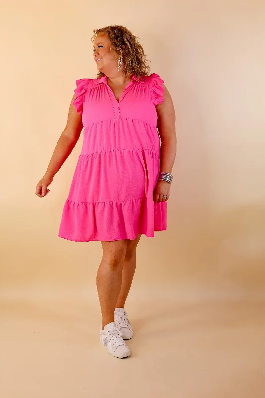 Last Chance Size Medium, XL & 1XL | All Of A Sudden Ruffle Cap Sleeve Short Dress in Hot Pink