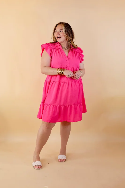 Last Chance Size Medium, XL & 1XL | All Of A Sudden Ruffle Cap Sleeve Short Dress in Hot Pink