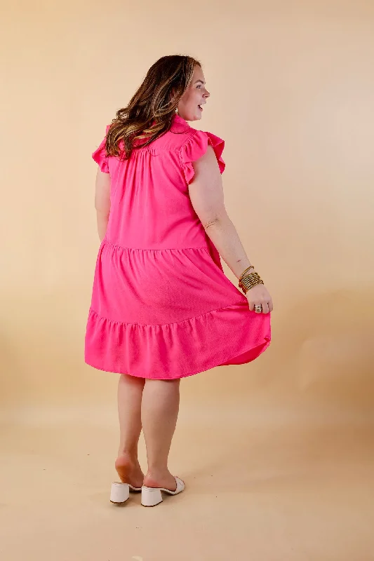 Last Chance Size Medium, XL & 1XL | All Of A Sudden Ruffle Cap Sleeve Short Dress in Hot Pink