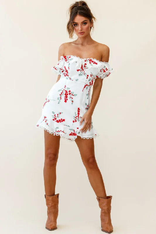 Bobby Bardot Neckline Puff Sleeve Dress Flower Spring Print White