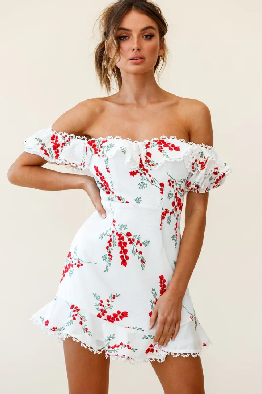 Bobby Bardot Neckline Puff Sleeve Dress Flower Spring Print White