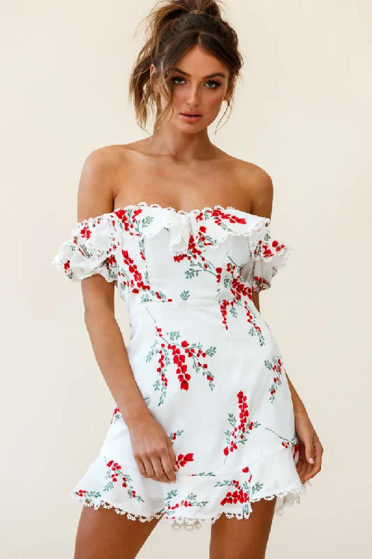 Bobby Bardot Neckline Puff Sleeve Dress Flower Spring Print White