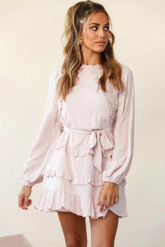 Dusk Long Sleeve Waist Tie Frill Dress Blush