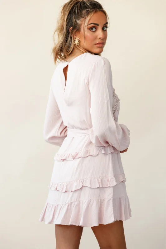 Dusk Long Sleeve Waist Tie Frill Dress Blush