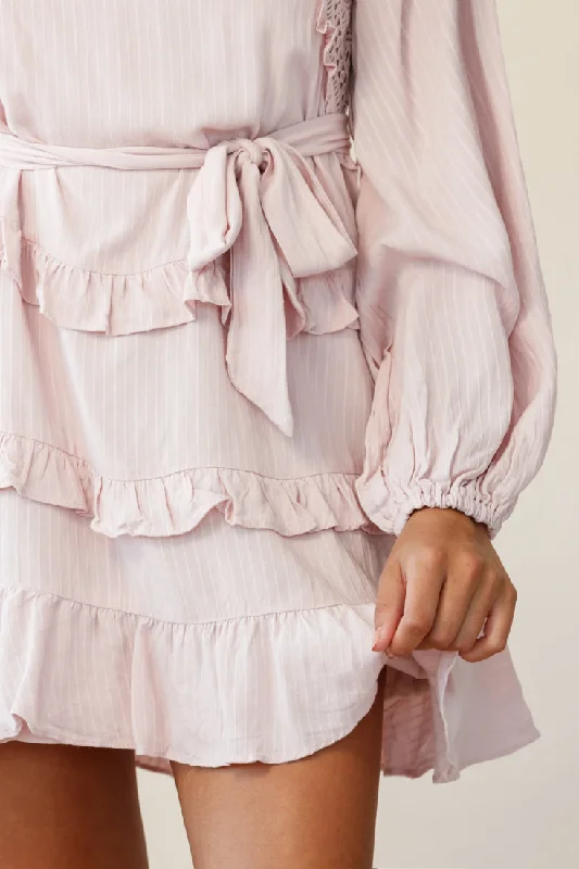 Dusk Long Sleeve Waist Tie Frill Dress Blush