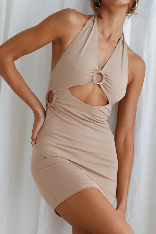 Just Like Magic Halterneck Cut-Out Mini Dress Taupe