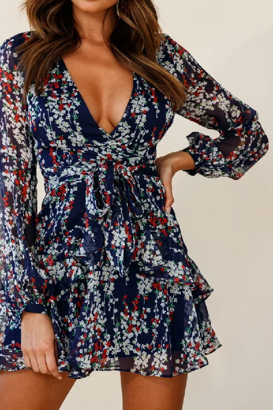 Kerry Layered Balloon Sleeve Dress Floral Vine Print Navy