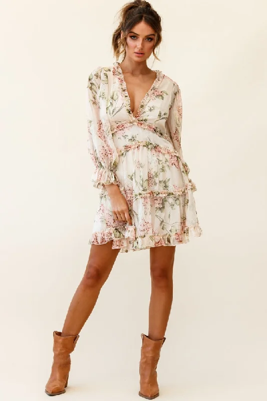 Laney Cutout Back Ruffle Trim Dress Hydrangea Print Nude