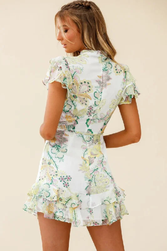 Lark High Neck Ruffle Sleeve Floral Print Dress Green