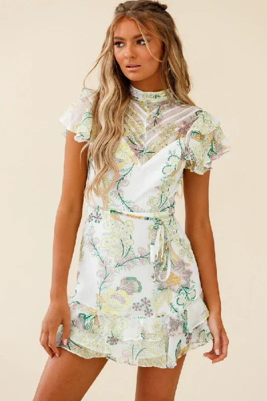 Lark High Neck Ruffle Sleeve Floral Print Dress Green