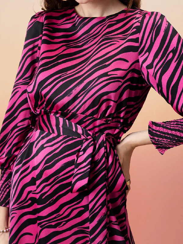 Madame Animal Print Fit & Flare Belted Pink Dress