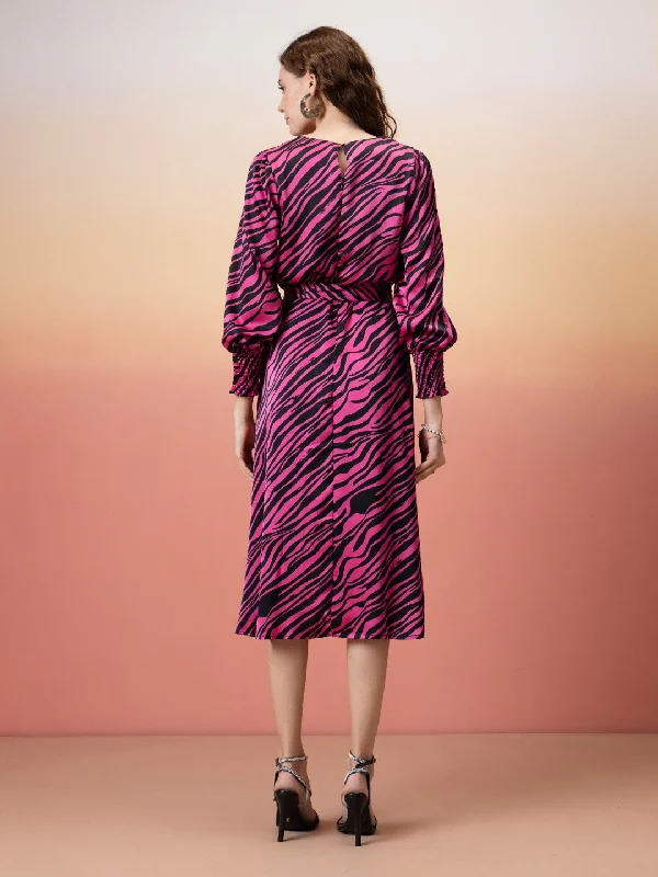 Madame Animal Print Fit & Flare Belted Pink Dress