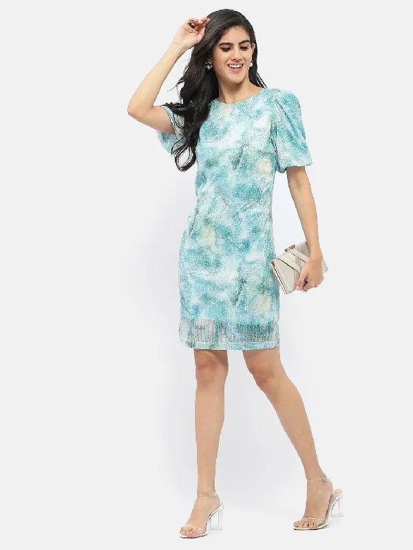 Madame Abstract Print Sky Blue Shimmery Dress