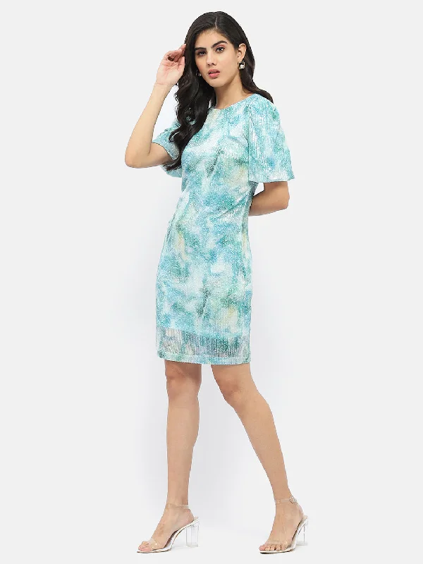 Madame Abstract Print Sky Blue Shimmery Dress