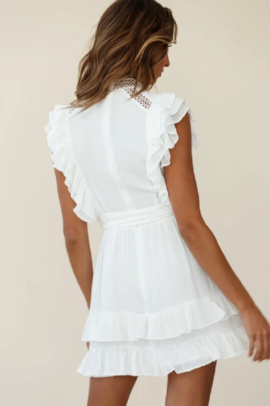 Oakland High Neck Ruffle Detail Dress White