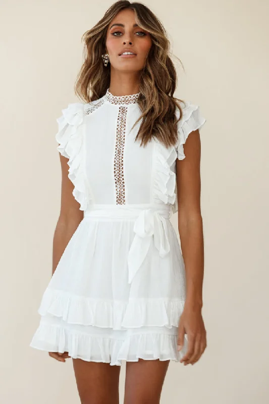 Oakland High Neck Ruffle Detail Dress White