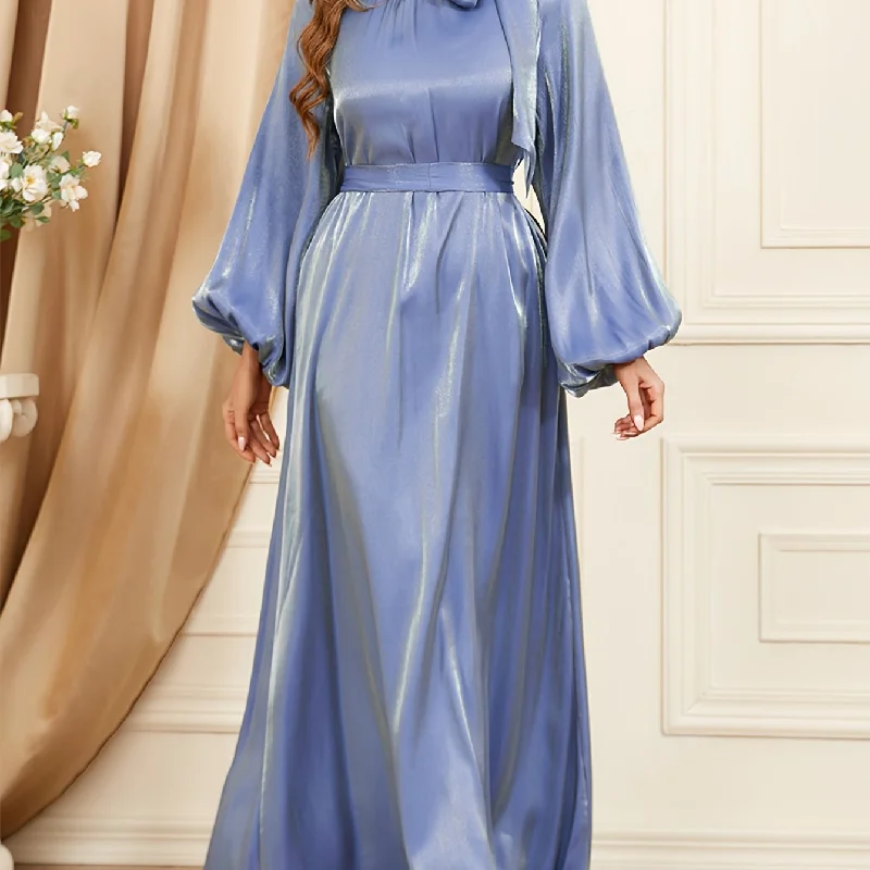 Solid Tie Neck Dress, Elegant Loose Long Sleeve Dress For Party & Banquet, Women's Clothing