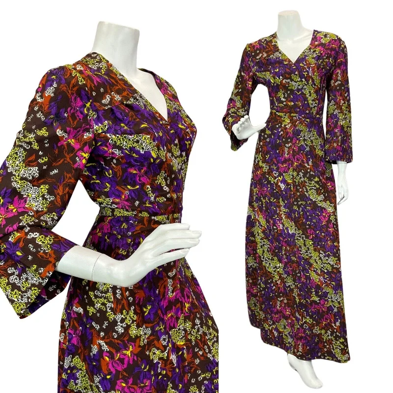 VINTAGE 60s 70s BROWN PURPLE YELLOW FLORAL PRINT MAXI DRESS 14