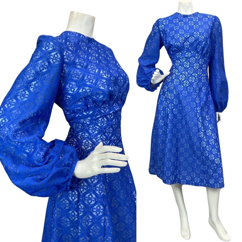 VINTAGE 60s 70s ELECTRIC BLUE LACE BALLOON SLEEVE BOHO EVENING MIDI DRESS 12