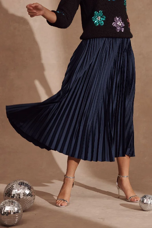 Allison Midi Pleat Skirt In Navy Satin