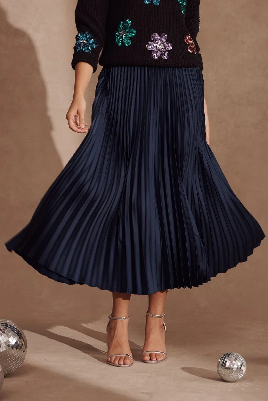 Allison Midi Pleat Skirt In Navy Satin