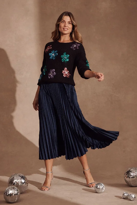 Allison Midi Pleat Skirt In Navy Satin